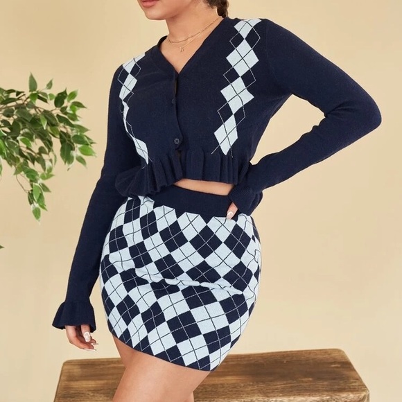 SHEIN Dresses & Skirts - SHEIN Argyle Pattern Ruffle Trim Cardigan & Skirt Set Small S Plaid Blue School